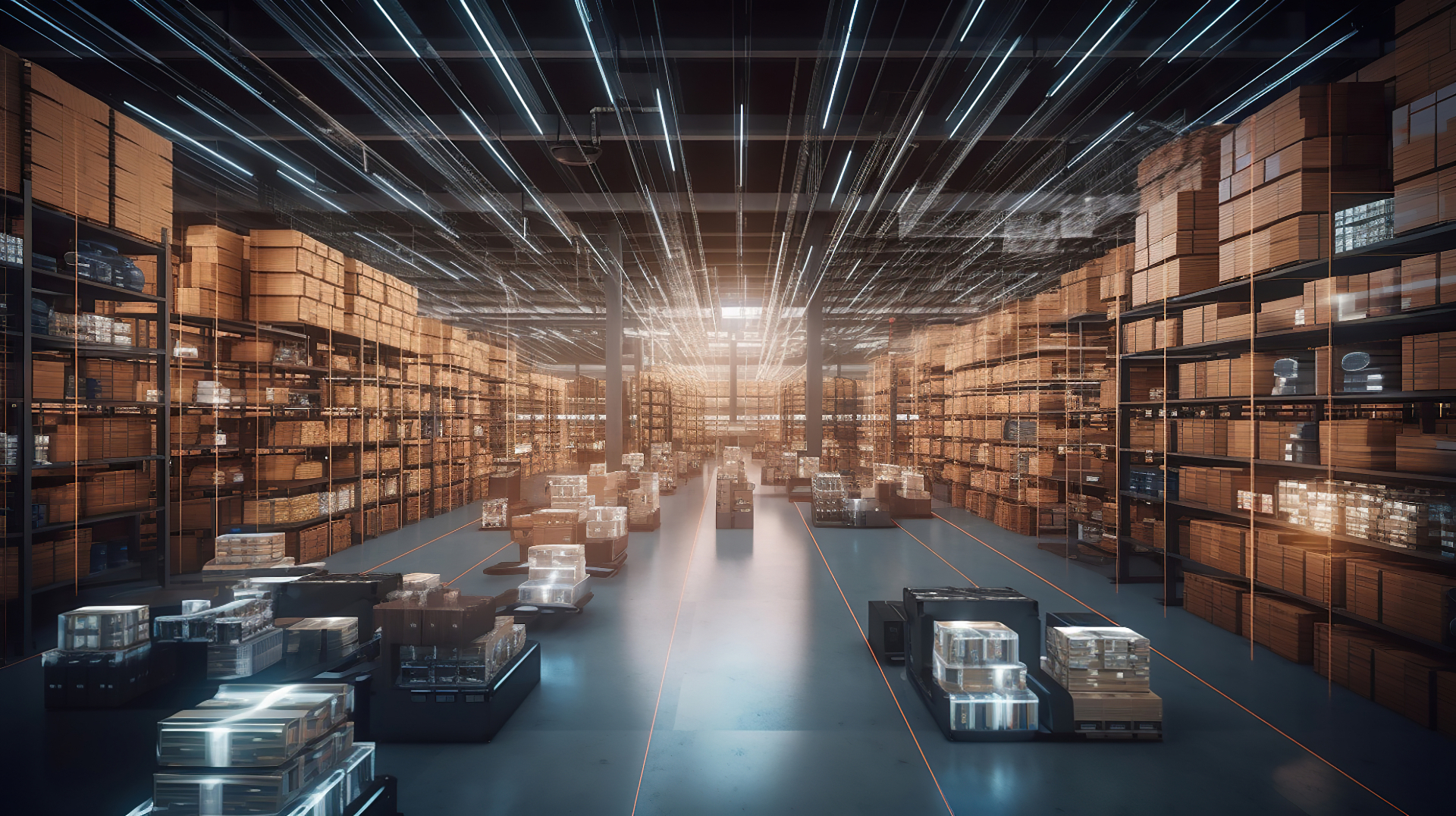 Magazzino logistico moderno con scaffalature e flussi di merce digitalizzati